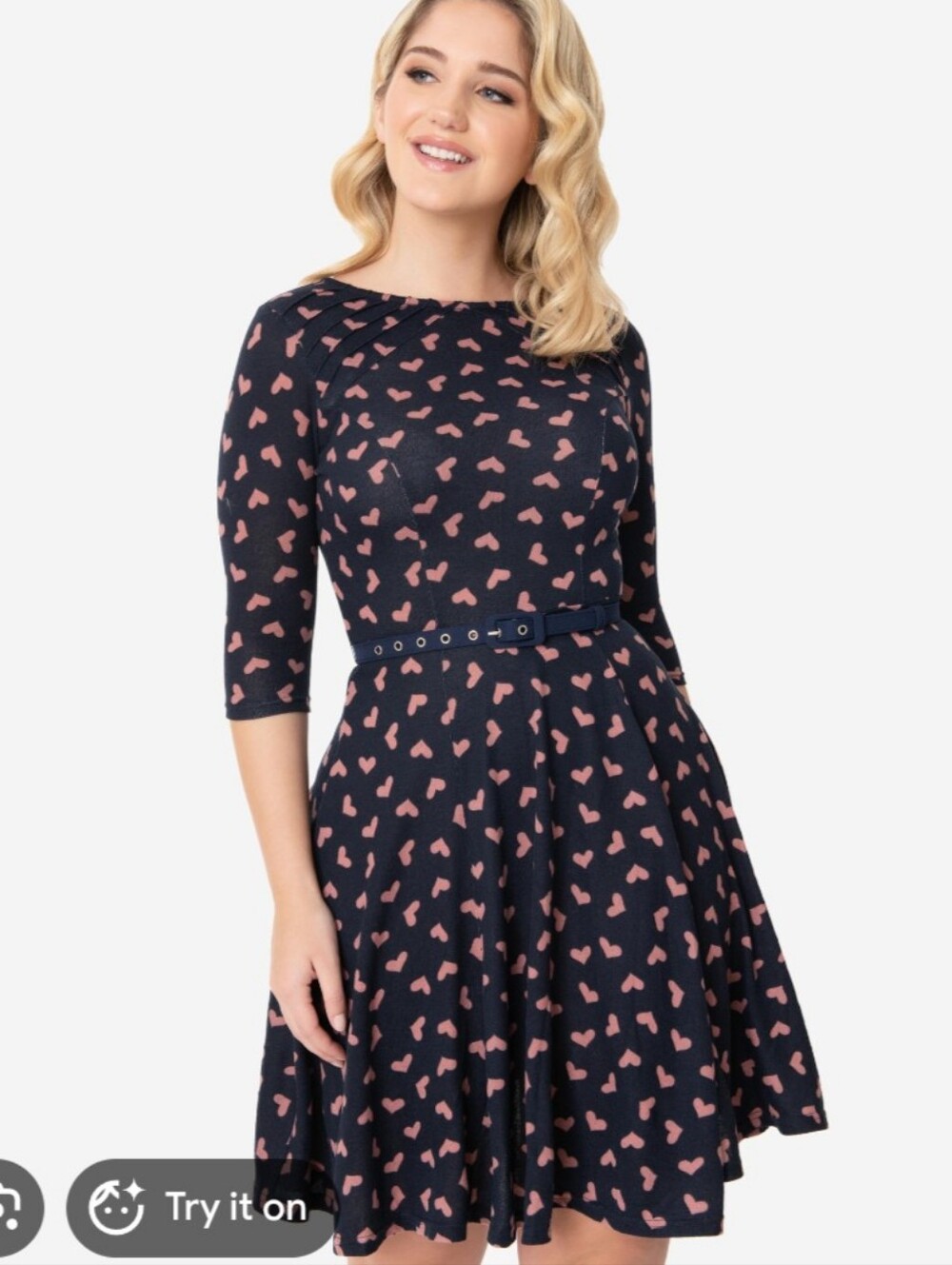Unique Vintage Navy Blue And Pink Hearts 1950s Skater Dress